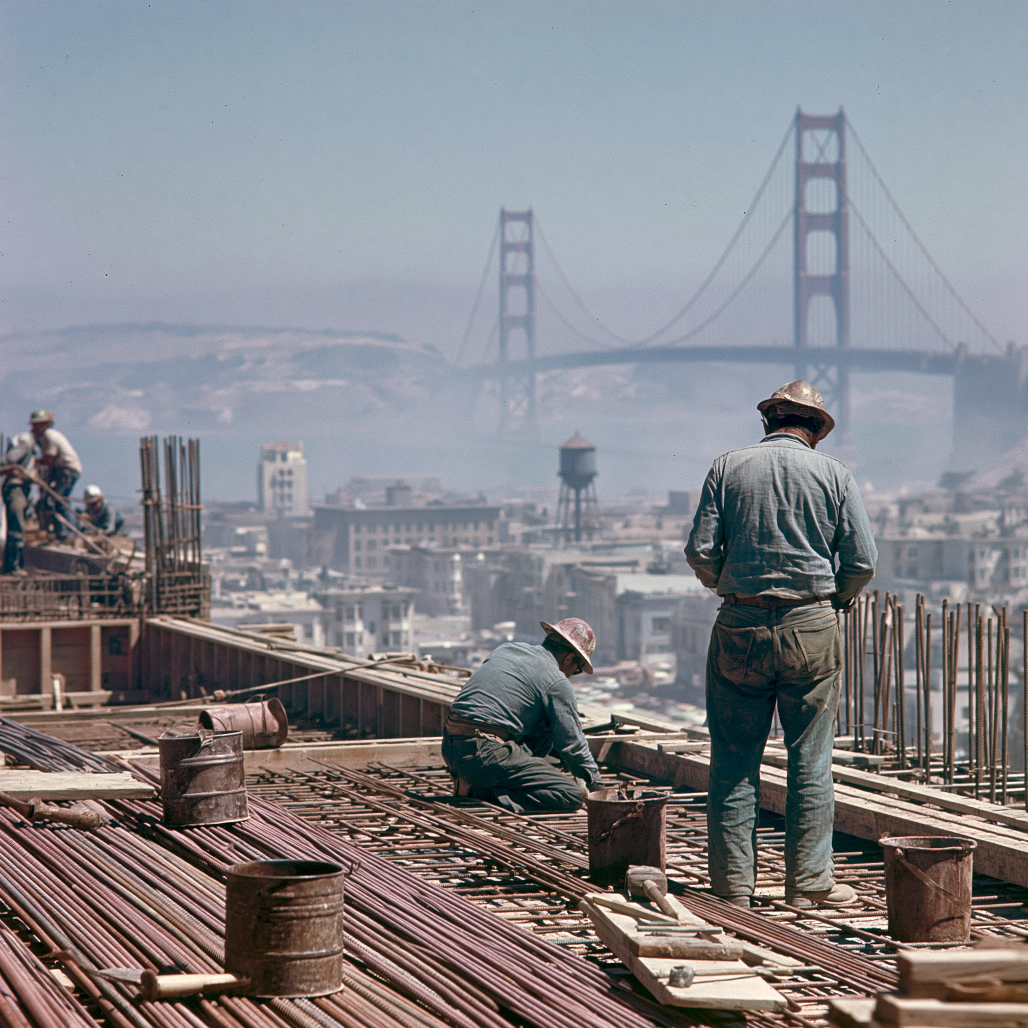 Construction workers overlooking San Francisco and the Golden Gate Bridge